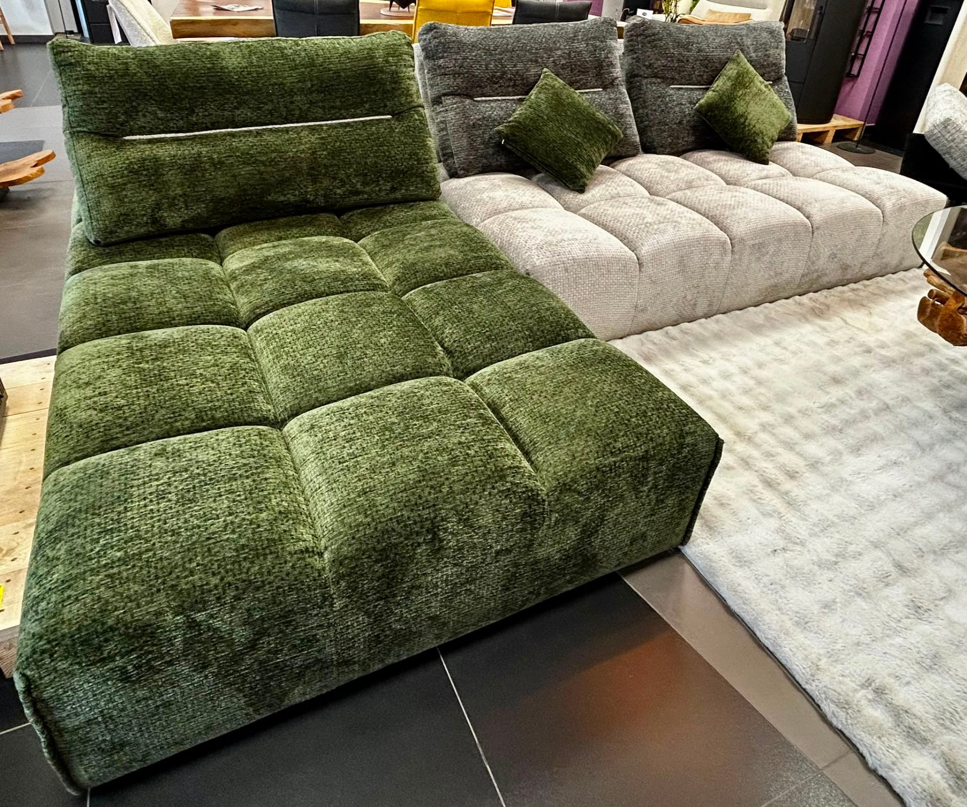 Méridienne chenille vert forêt & lin gris